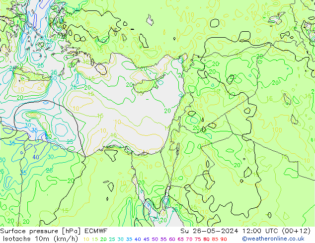 Isotachen (km/h) ECMWF zo 26.05.2024 12 UTC