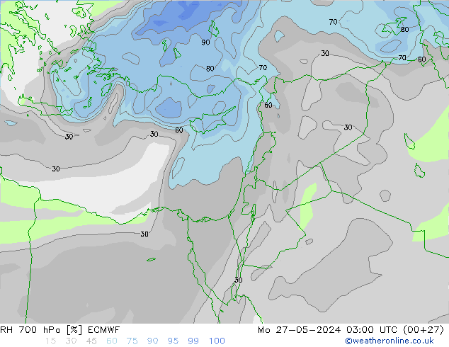 Humidité rel. 700 hPa ECMWF lun 27.05.2024 03 UTC