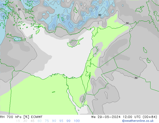 RH 700 hPa ECMWF mer 29.05.2024 12 UTC