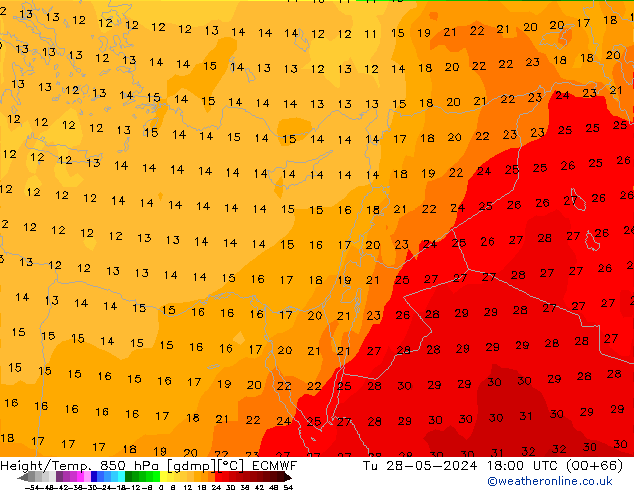 Height/Temp. 850 hPa ECMWF Di 28.05.2024 18 UTC