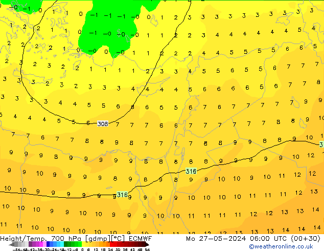 Height/Temp. 700 hPa ECMWF Mo 27.05.2024 06 UTC