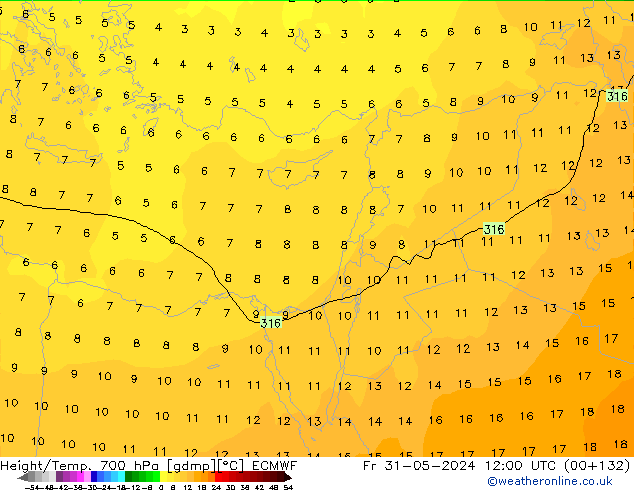 Hoogte/Temp. 700 hPa ECMWF vr 31.05.2024 12 UTC