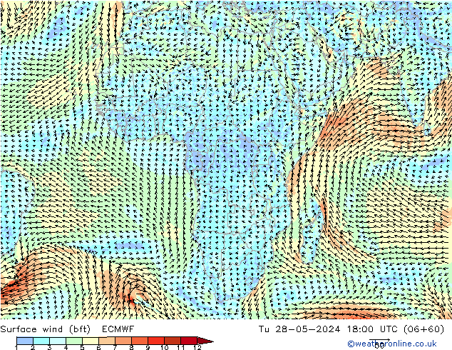 Vento 10 m (bft) ECMWF mar 28.05.2024 18 UTC