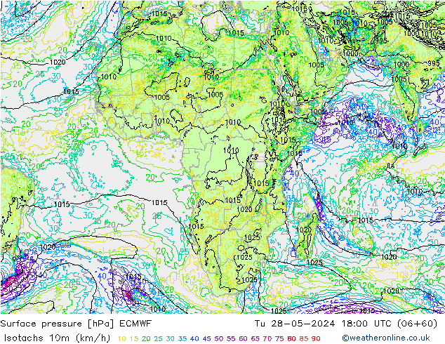 Isotachs (kph) ECMWF mar 28.05.2024 18 UTC