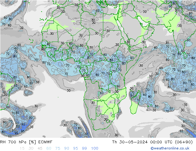 Humedad rel. 700hPa ECMWF jue 30.05.2024 00 UTC