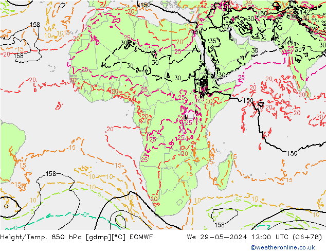 Height/Temp. 850 hPa ECMWF mer 29.05.2024 12 UTC