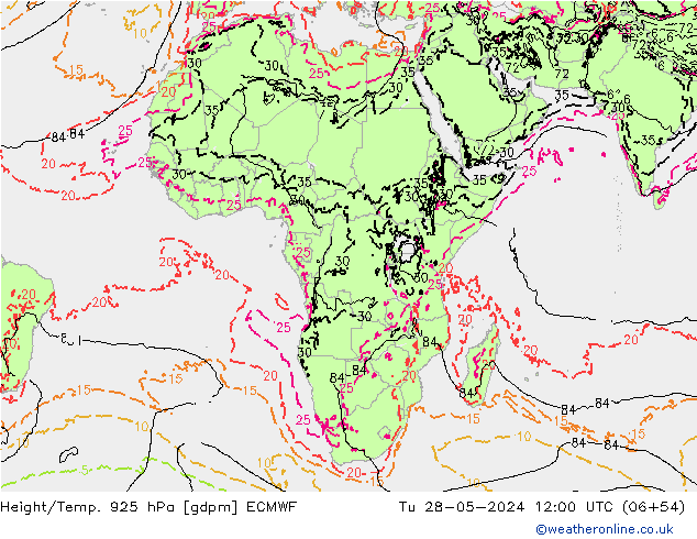 Hoogte/Temp. 925 hPa ECMWF di 28.05.2024 12 UTC