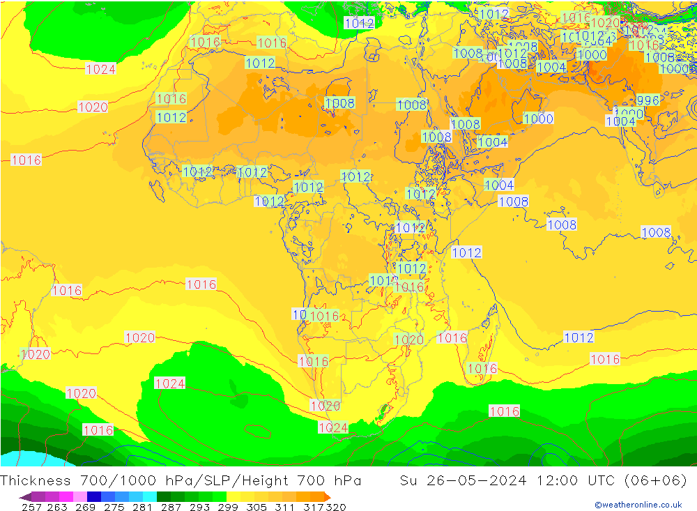 Thck 700-1000 hPa ECMWF Su 26.05.2024 12 UTC