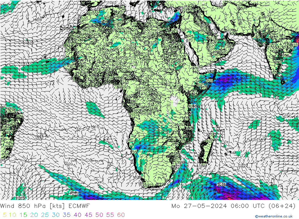 Wind 850 hPa ECMWF Mo 27.05.2024 06 UTC