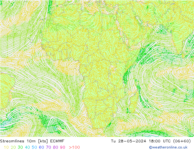 Streamlines 10m ECMWF Út 28.05.2024 18 UTC