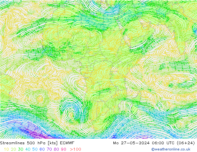 Linia prądu 500 hPa ECMWF pon. 27.05.2024 06 UTC