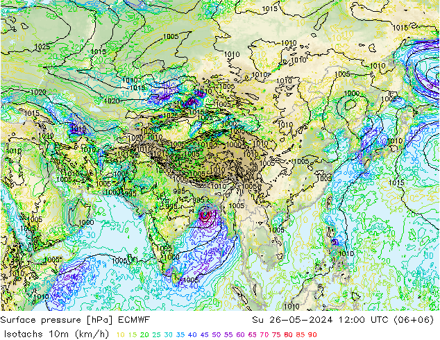 Isotachs (kph) ECMWF Ne 26.05.2024 12 UTC