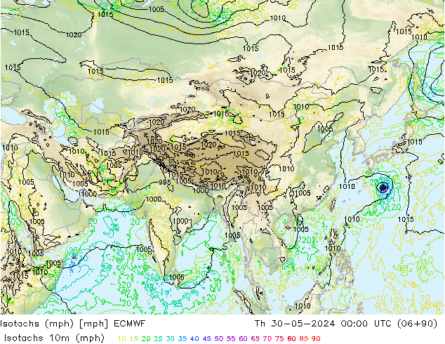 Isotachs (mph) ECMWF чт 30.05.2024 00 UTC