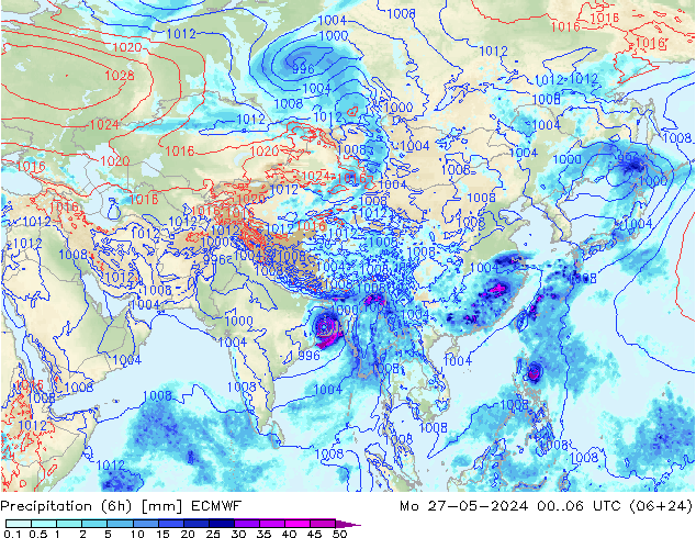 Totale neerslag (6h) ECMWF ma 27.05.2024 06 UTC