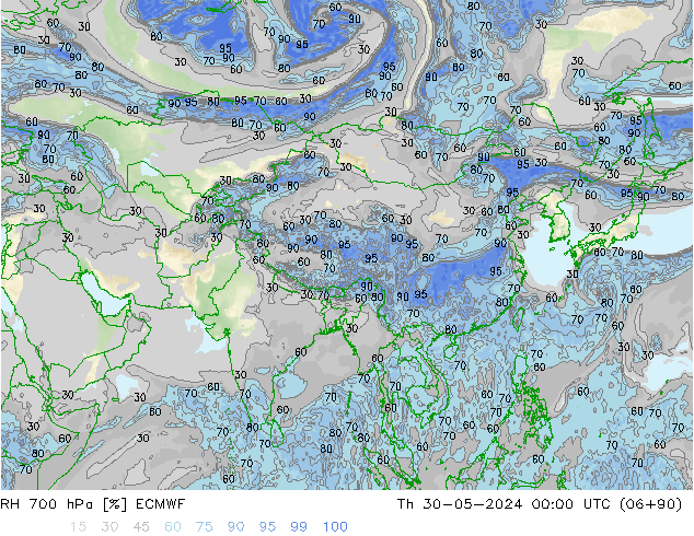 RH 700 hPa ECMWF gio 30.05.2024 00 UTC