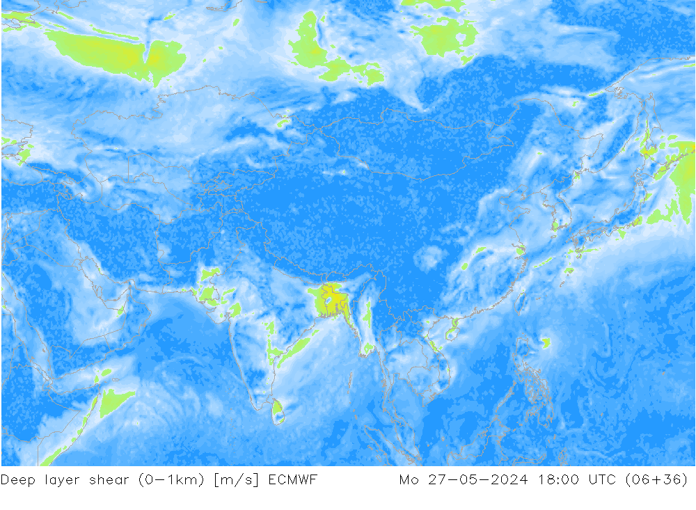 Deep layer shear (0-1km) ECMWF пн 27.05.2024 18 UTC