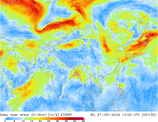 Deep layer shear (0-6km) ECMWF Mo 27.05.2024 12 UTC