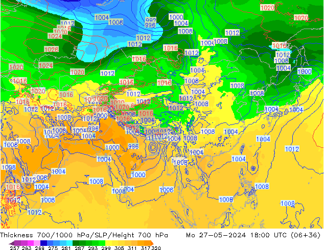 Thck 700-1000 hPa ECMWF Mo 27.05.2024 18 UTC