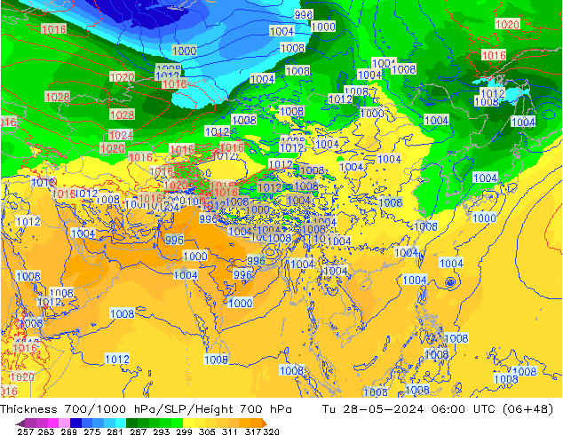 Thck 700-1000 hPa ECMWF Tu 28.05.2024 06 UTC