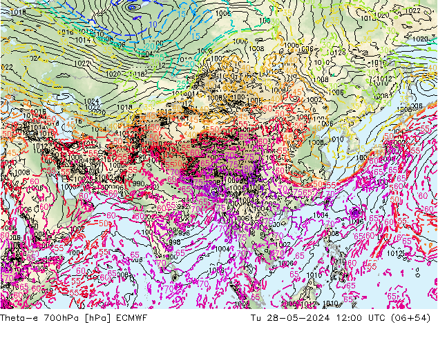 Theta-e 700hPa ECMWF mar 28.05.2024 12 UTC