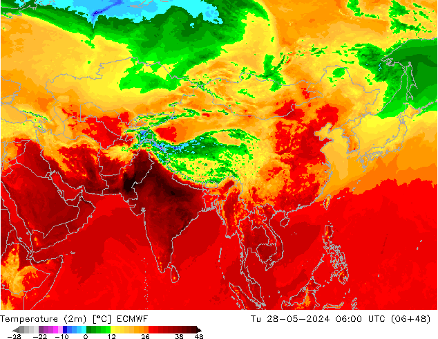 Temperature (2m) ECMWF Tu 28.05.2024 06 UTC