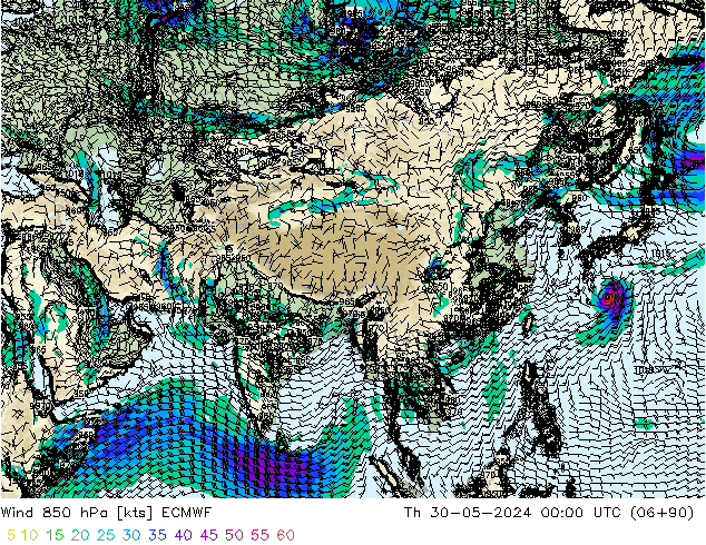 Wind 850 hPa ECMWF do 30.05.2024 00 UTC