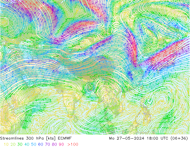 Linia prądu 300 hPa ECMWF pon. 27.05.2024 18 UTC