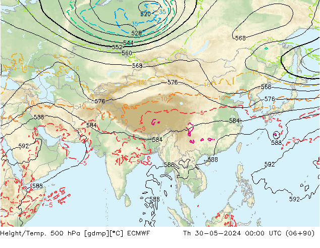 Height/Temp. 500 hPa ECMWF czw. 30.05.2024 00 UTC