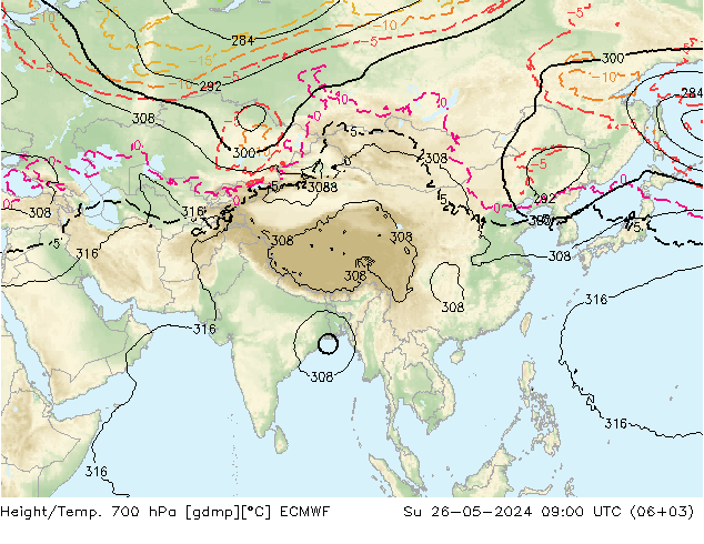 Height/Temp. 700 гПа ECMWF Вс 26.05.2024 09 UTC