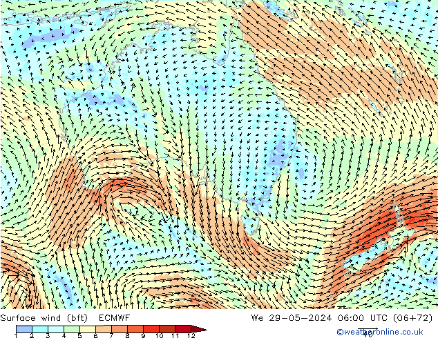 wiatr 10 m (bft) ECMWF śro. 29.05.2024 06 UTC