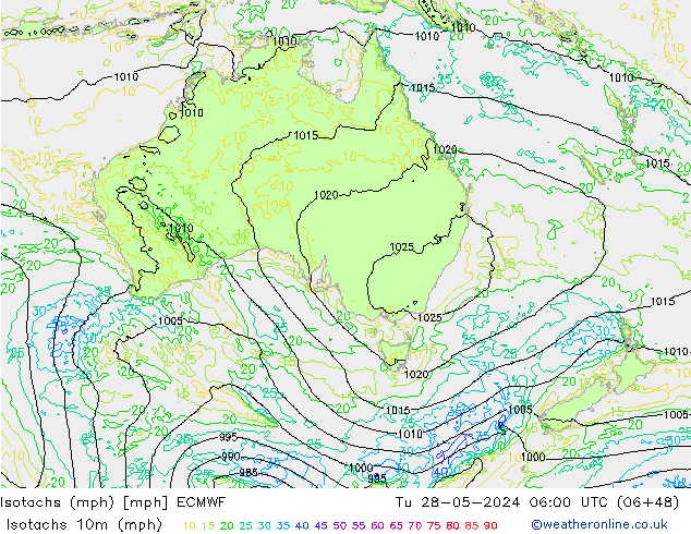 Isotachs (mph) ECMWF Út 28.05.2024 06 UTC