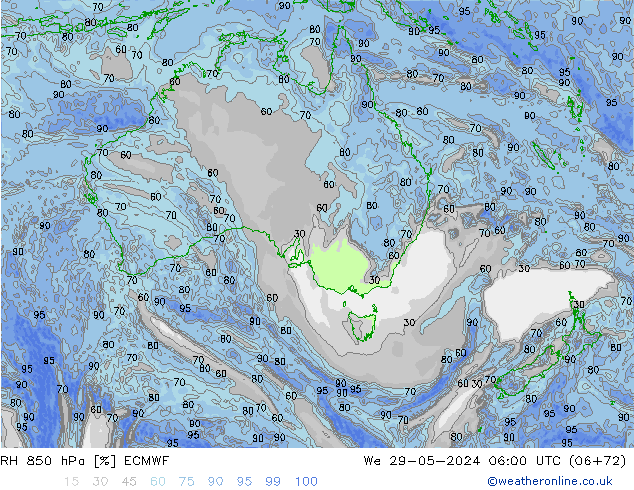 RH 850 hPa ECMWF śro. 29.05.2024 06 UTC