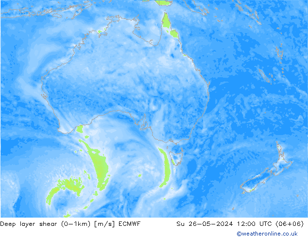 Deep layer shear (0-1km) ECMWF dim 26.05.2024 12 UTC