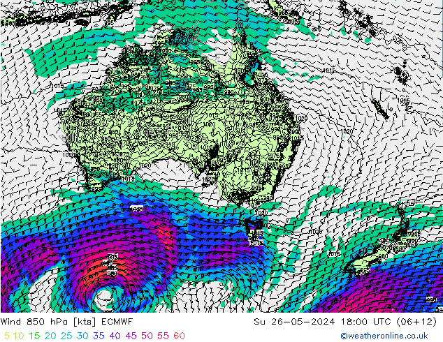 Rüzgar 850 hPa ECMWF Paz 26.05.2024 18 UTC