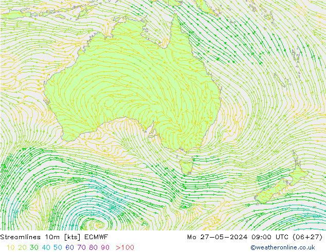 Streamlines 10m ECMWF Mo 27.05.2024 09 UTC