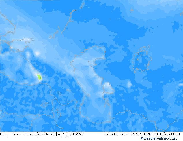 Deep layer shear (0-1km) ECMWF Út 28.05.2024 09 UTC