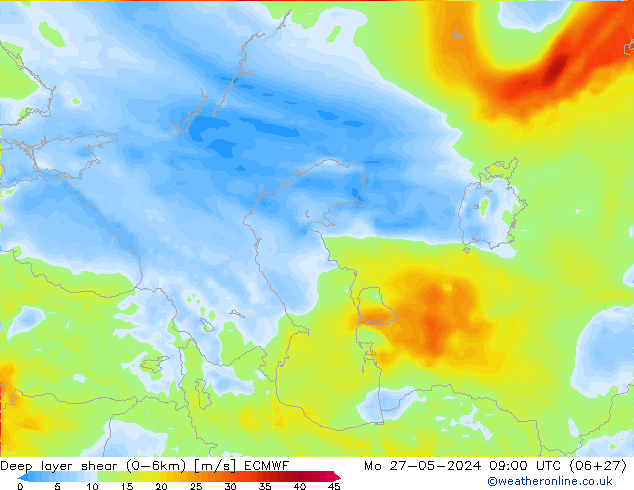 Deep layer shear (0-6km) ECMWF ma 27.05.2024 09 UTC