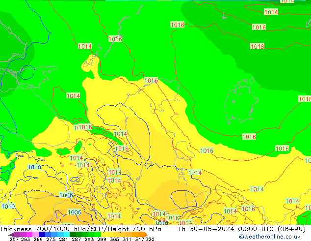 Thck 700-1000 hPa ECMWF Qui 30.05.2024 00 UTC