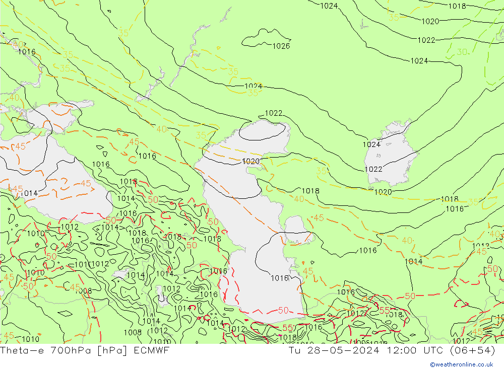 Theta-e 700hPa ECMWF mar 28.05.2024 12 UTC