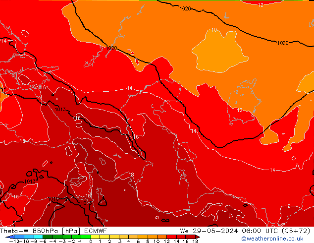 Theta-W 850hPa ECMWF mer 29.05.2024 06 UTC