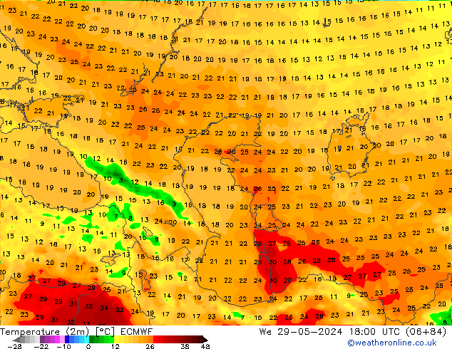 Temperatuurkaart (2m) ECMWF wo 29.05.2024 18 UTC