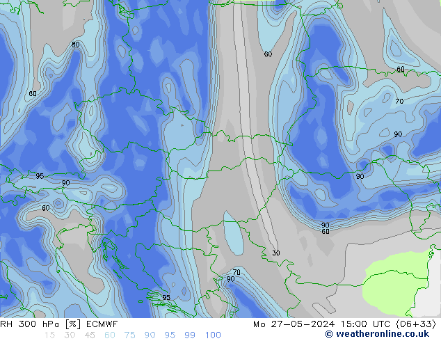 RH 300 hPa ECMWF Mo 27.05.2024 15 UTC