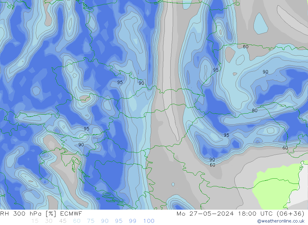 RH 300 hPa ECMWF Mo 27.05.2024 18 UTC