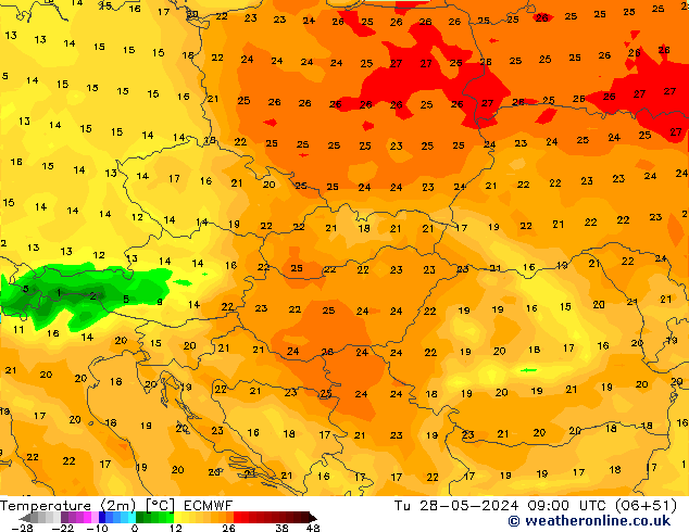 Temperature (2m) ECMWF Tu 28.05.2024 09 UTC