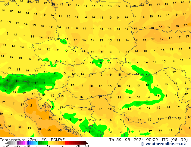 mapa temperatury (2m) ECMWF czw. 30.05.2024 00 UTC