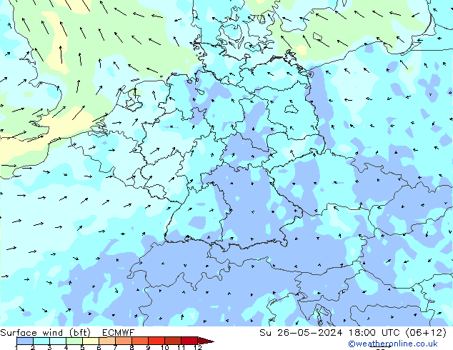 Wind 10 m (bft) ECMWF zo 26.05.2024 18 UTC