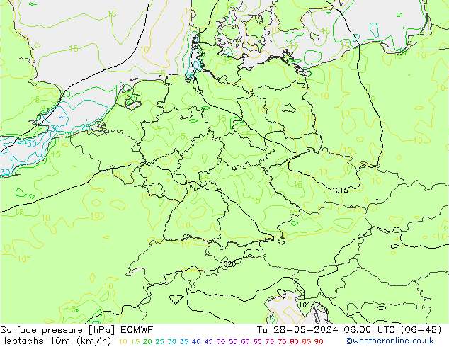 Isotachen (km/h) ECMWF Di 28.05.2024 06 UTC