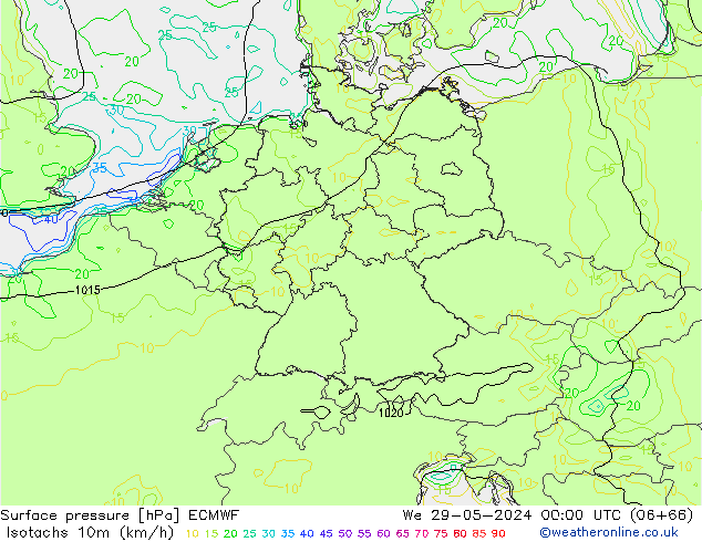Isotaca (kph) ECMWF mié 29.05.2024 00 UTC