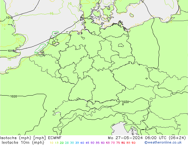 Isotachen (mph) ECMWF Mo 27.05.2024 06 UTC