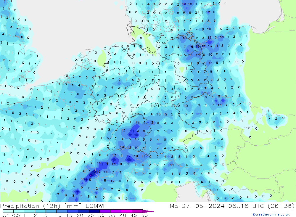 Totale neerslag (12h) ECMWF ma 27.05.2024 18 UTC